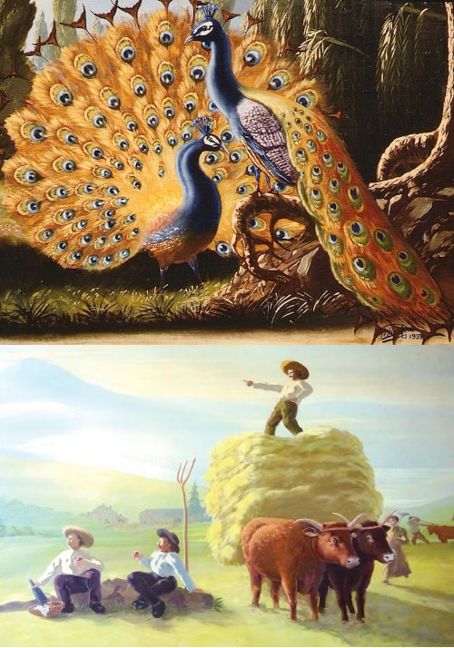 Giuseppe Tribus, Les paons, huile sur toile, 1955 et Fenaison, peinture murale